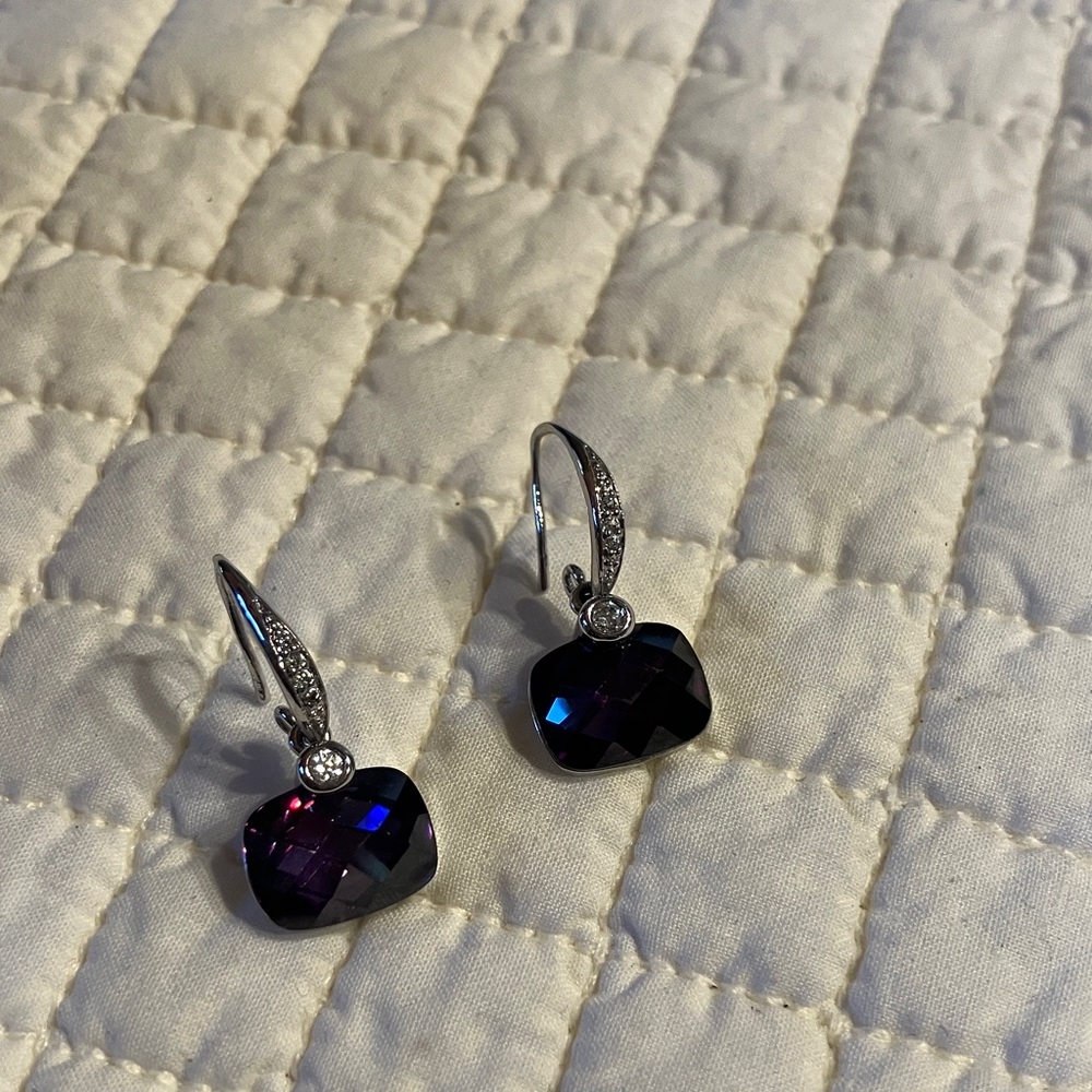 Silver-tone Heart Drop Earrings with Deep Purple Crystal